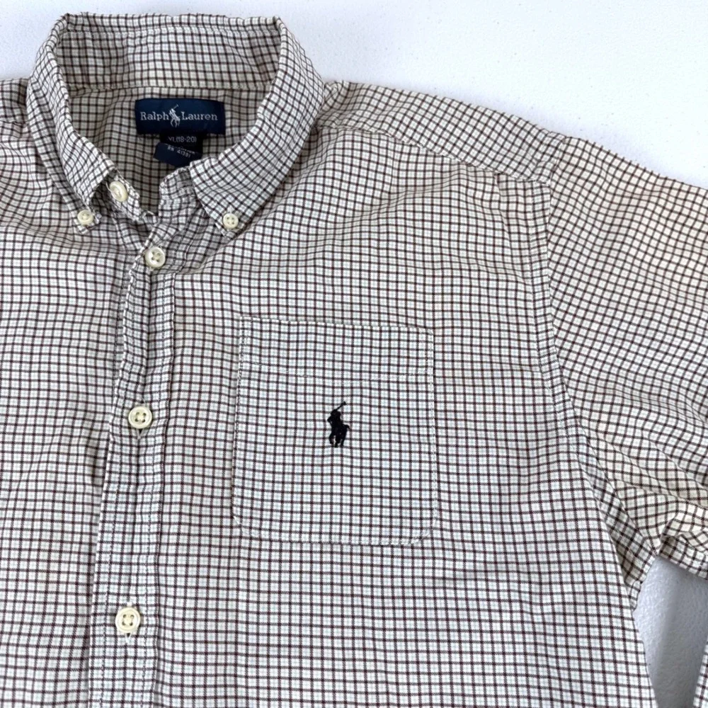 Ralph Lauren Boys XL 18-20 Brown White Check Button Down Shirt Long Sleeve